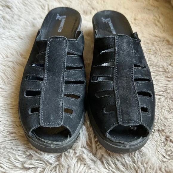 Romika Black Leather Womens Size 42 US 11 Open-Toe Slip-On Sandals Wedge Heel Sl - Picture 1 of 16
